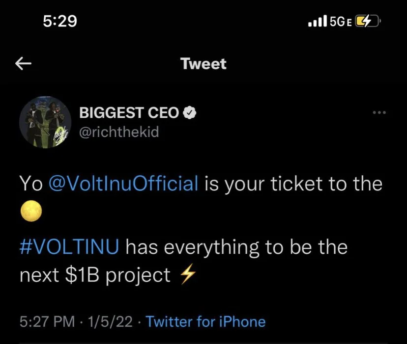 A screenshot of a tweet from BIGGEST CEO mentioning @VoltInuOfficial and #VOLTINU, with random yellow emoji and a lightning bolt, timestamped 5:27 PM on January 5, 2022, sent from Twitter for iPhone.