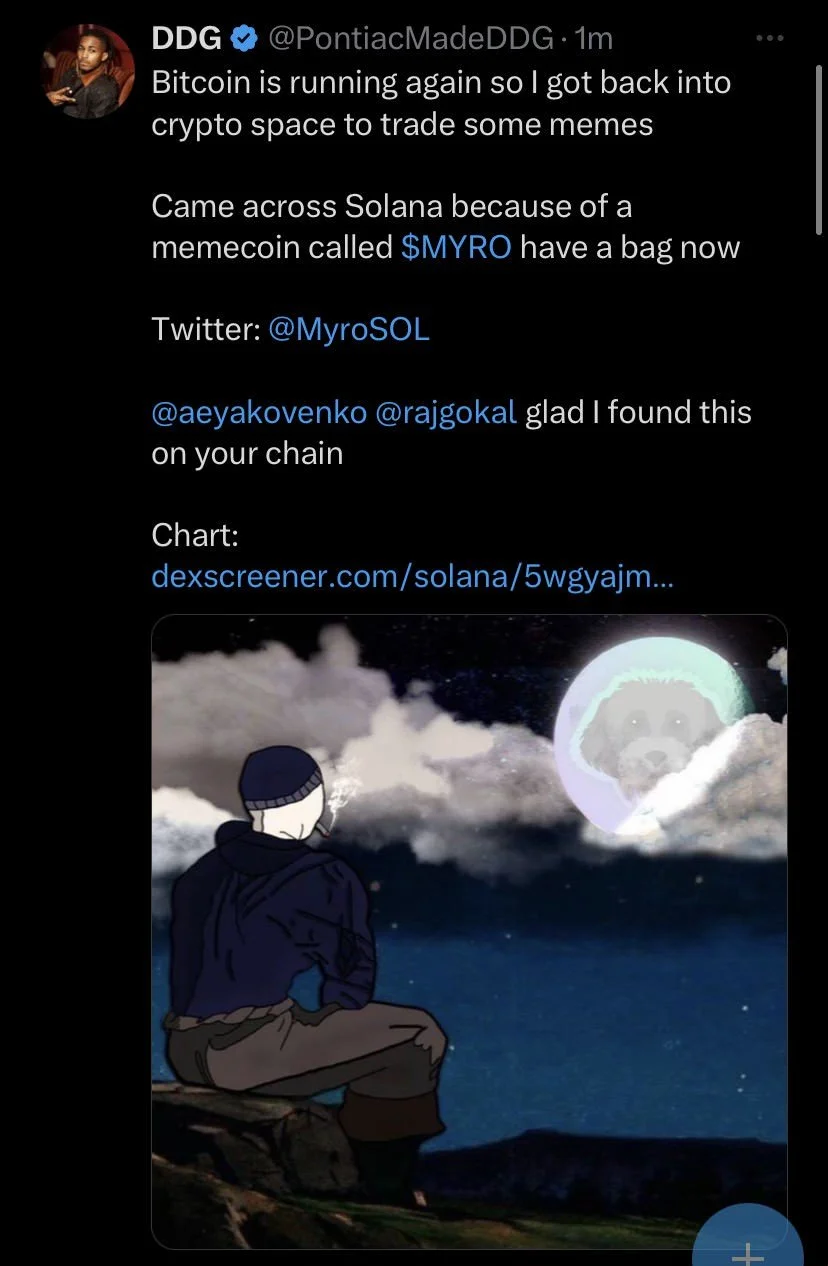 An illustrated person sitting on a rock at night, looking at the sky with clouds, stars, and a large moon with a dog's face glowing inside it.