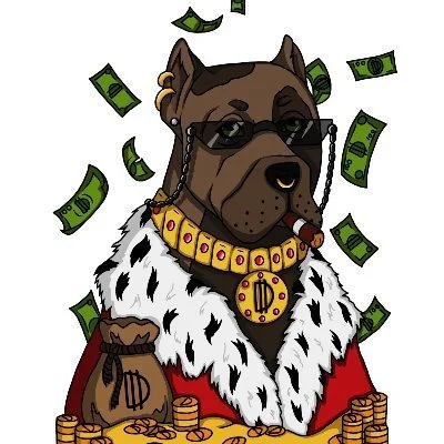 Cartoon dog dressed as a wealthy gangster, wearing sunglasses, a gold chain with a large pendant, and a red robe with a fur collar, surrounded by falling money and coins.
