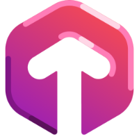 An upward arrow symbol on a hexagonal colorful background