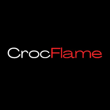 CrocFlame logo with white and red text on a black background