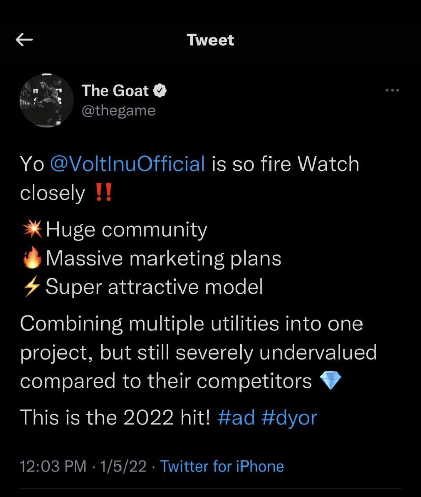 A tweet from The Goat account praising Volt Inu Official as a strong community, with plans for marketing and attractive models, emphasizing their undervaluation compared to competitors, and calling it a 2022 hit.