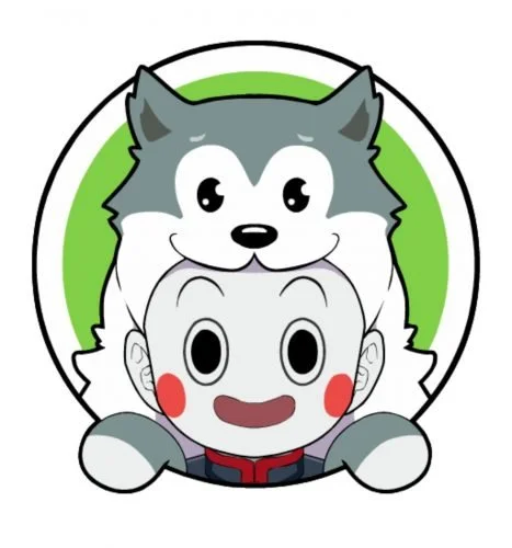 A cartoon illustration of a person with red cheeks and a wide smile, wearing a spacesuit, with a gray wolf behind them. The background is a green circle.