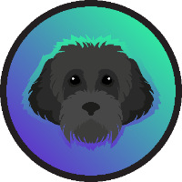 Cartoon illustration of a black dog with a fluffy face inside a circular gradient background.