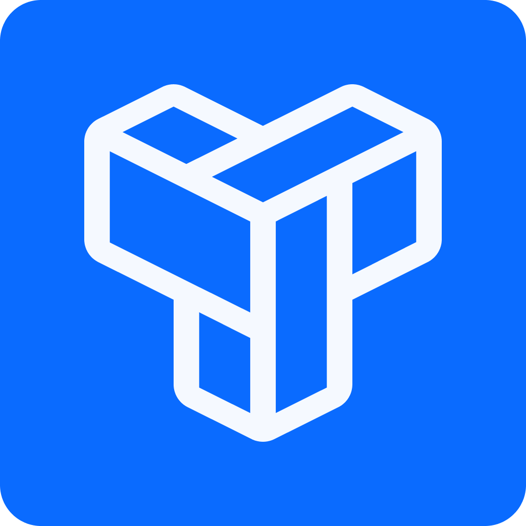 Blue background with a white geometric logo resembling interconnected cubes or blocks.