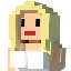 A pixel art character with long blonde hair, wearing a black top and blue pants, standing against a pink background.