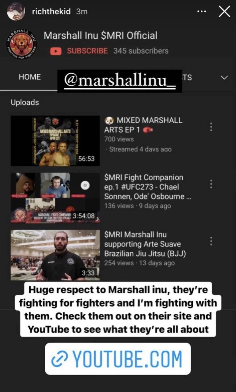 Screenshot of Marshall Inu's YouTube channel with videos related to martial arts, including a mixed martial arts episode, a fight companion, and a Brazilian jiu-jitsu event. Text overlay encouraging viewers to check them out on YouTube.