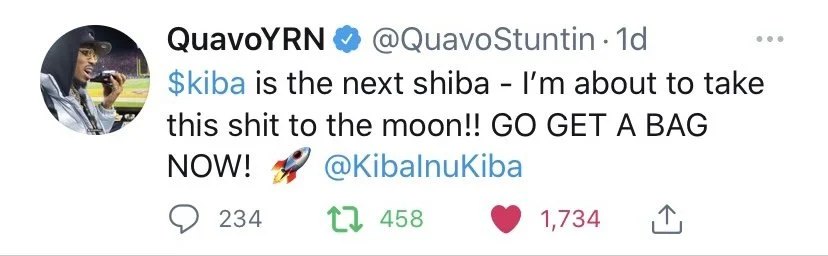 Tweet from QuavoYRN with text around a profile picture. The tweet humorously compares $kiba to a Shiba Inu and mentions taking it to the moon, with an exclamation to get a bag and a rocket emoji.