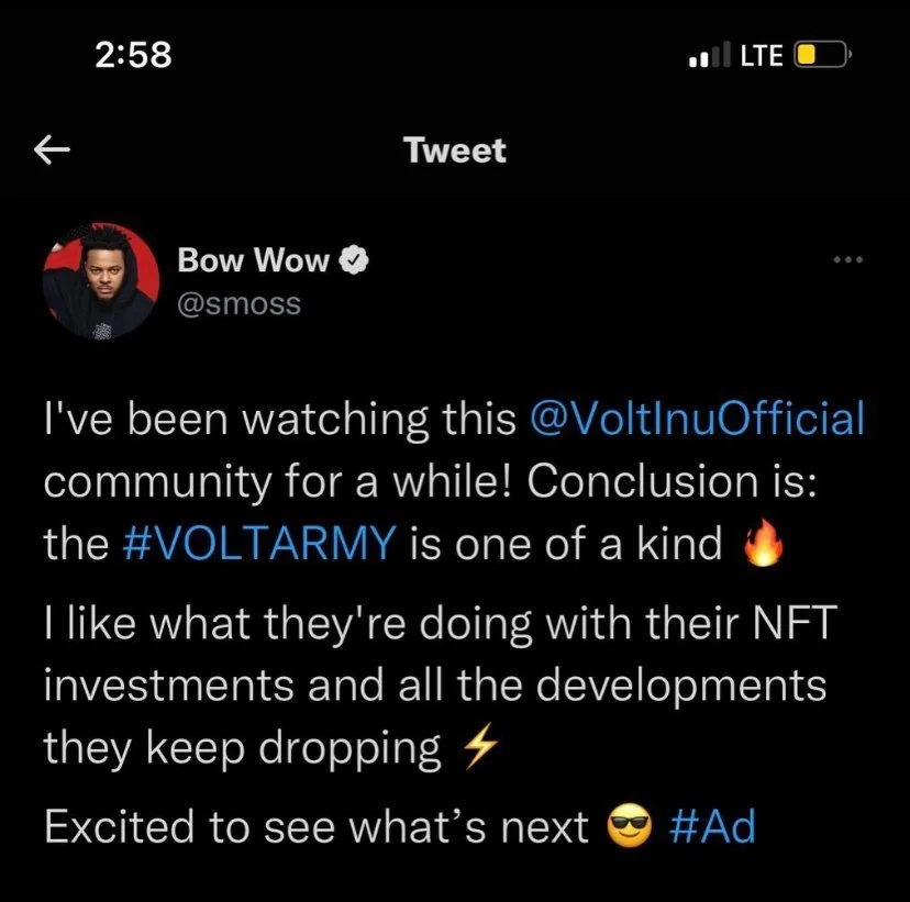 A Twitter post by Bow Wow (@smooss) discussing the Volt Inu community and their NFT investments, with hashtags #VOLTARMY and #Ad.