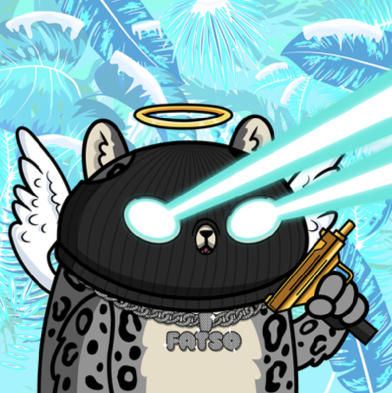 Cartoon cat character with glowing laser eyes, armor, angel wings, holding a gold gun, wearing a halo, and background of blue tropical leaves.