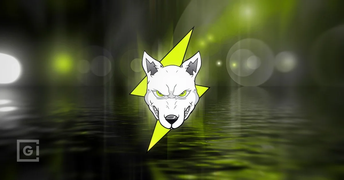 A logo featuring a fierce wolf head with yellow eyes and bared teeth, placed in front of a yellow lightning bolt on a blurred dark green background with water reflections.