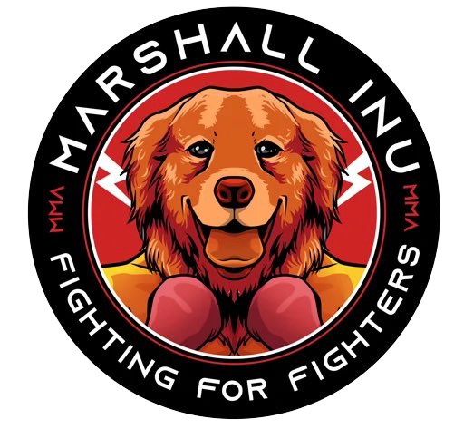 Logo with a dog's face in the center, wearing boxing gloves, surrounded by the text 'Marshall In MMA' and 'Fighting for Fighters'.