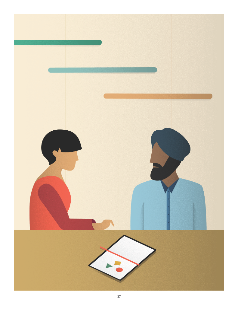  An example page from Change Together of a full page illustration of two people collaborating at a table 