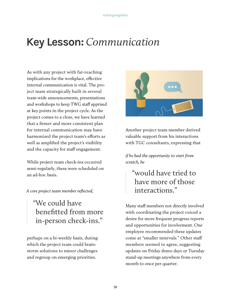  An example page from the Change Together report with the heading: “Key lessons on communication” 