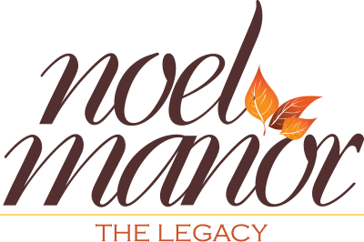 Logo for 'Noel Manor: The Legacy' with stylized text and two orange leaves.