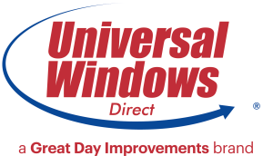 Universal Windows Direct logo with red text and blue arrow, slogan 'a Great Day Improvements brand' in black.