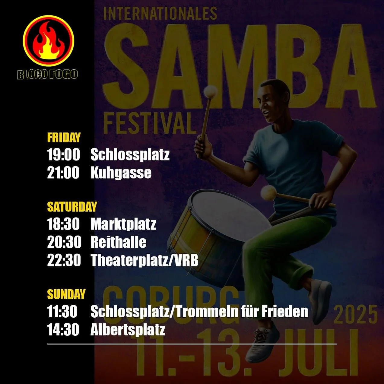 Not long to go… catch us at @sambafestivalcoburg this weekend, performing alongside all our samba friends from around the globe 🌍 
#coburg #samba #sambareggae #blocofogo #coburgsambafestival