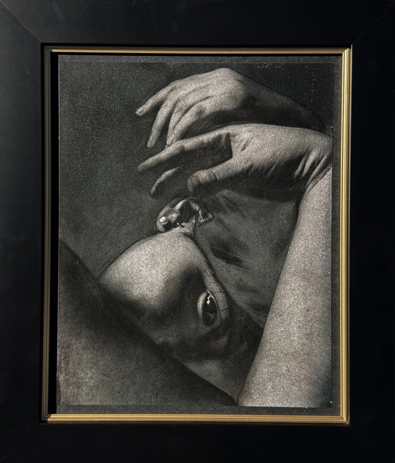 MICHAEL ASH SMITH  THE SADNESS OF LONGING - TEN  Ink transfer, oil, and barite on 300 GSM Arches paper 13 x 1O inches 33 × 25.4 centimeters  $900   INQUIRE →  