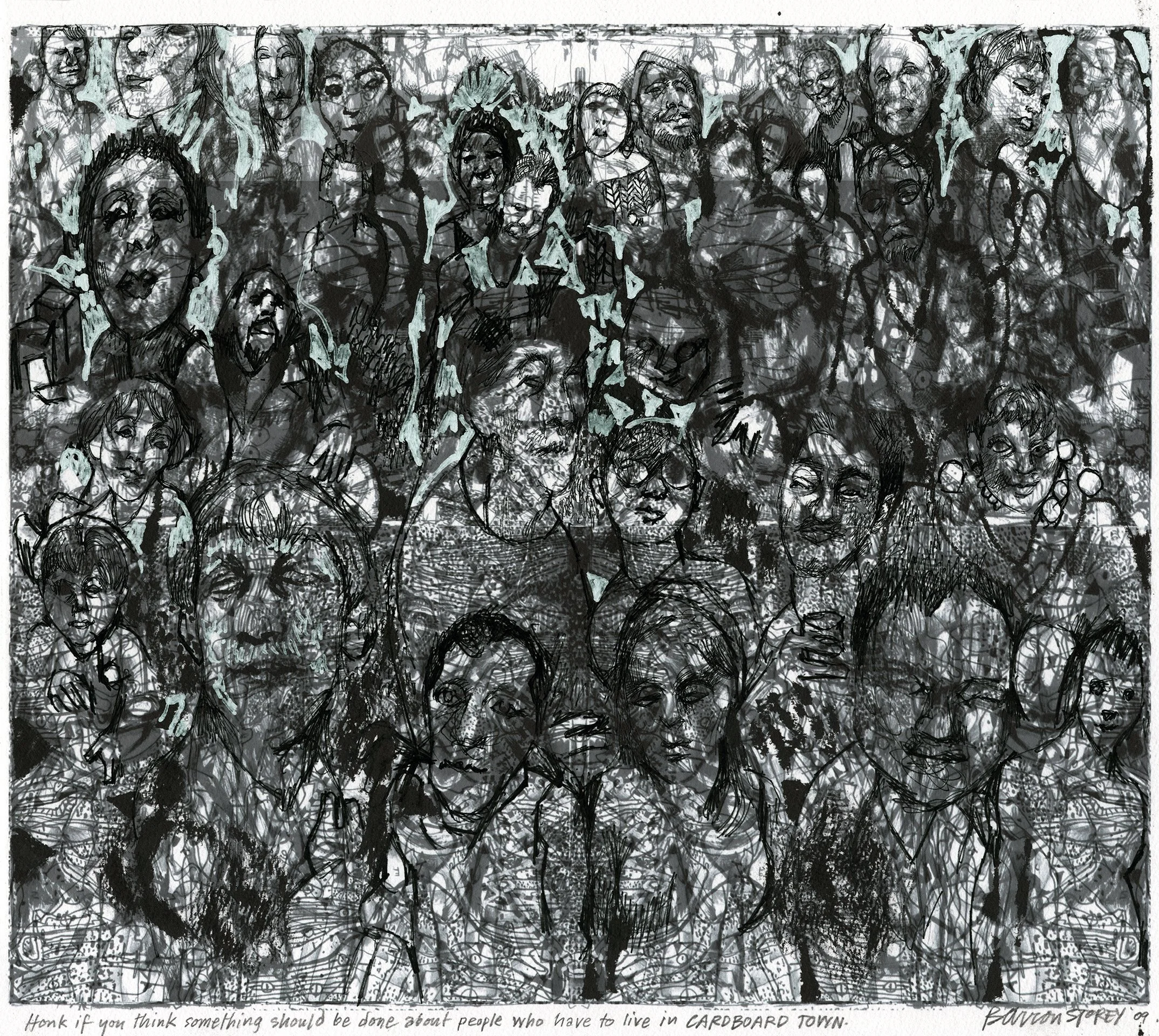 BARRON STOREY  HONK IF YOU THINK SOMETHING SHOULD BE DONE ABOUT THE PEOPLE IN CARDBOARDTOWN  Ink on paper 14.75 x 13 inches   SOLD