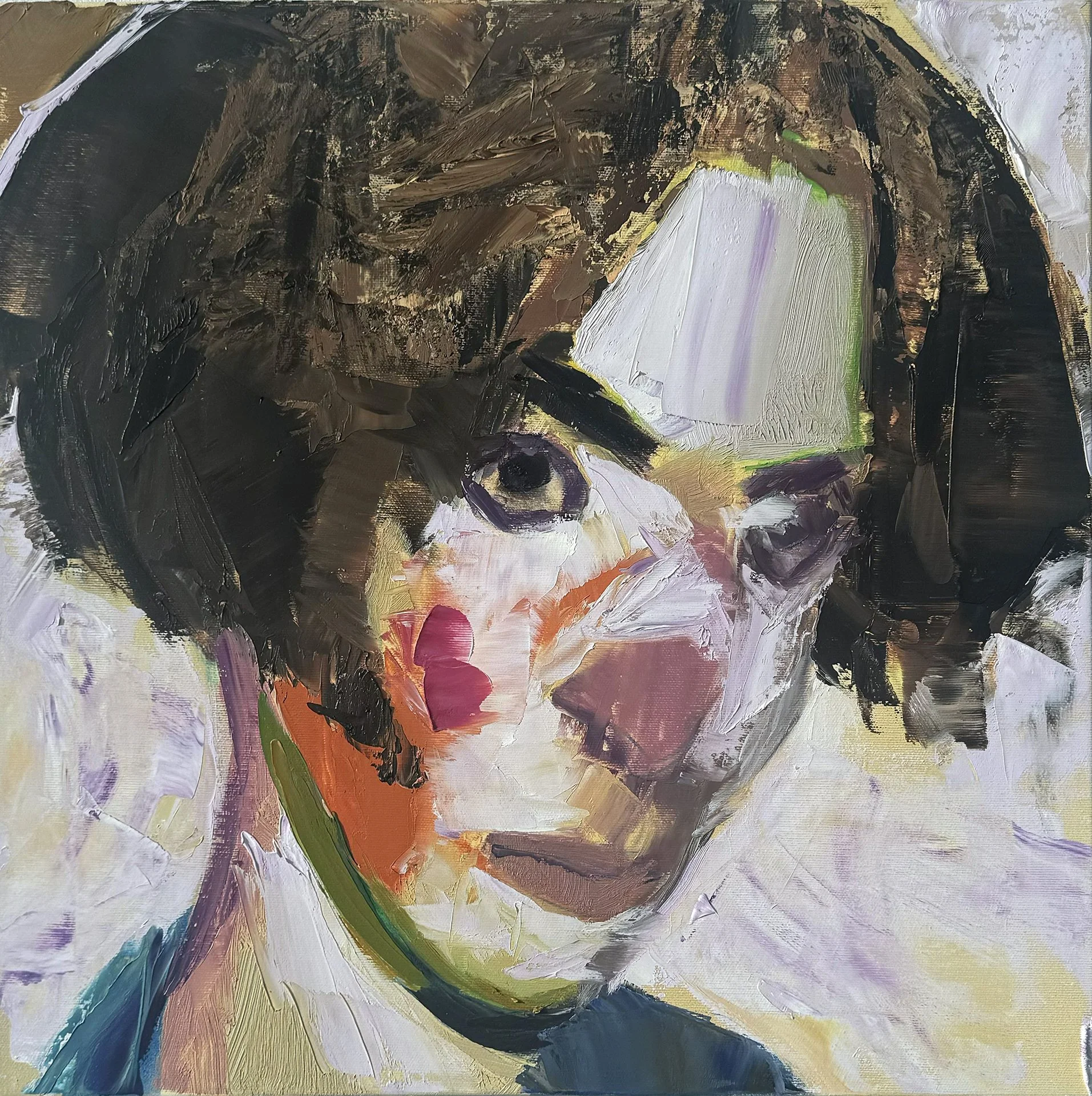 IGOR LIPSKYKH  PORTRAIT WITH AN ORANGE CHEEK  Oil and aerosol on canvas 19.7 x 19.7 inches / 5O x 5O centimeters  $9OO   INQUIRE →  