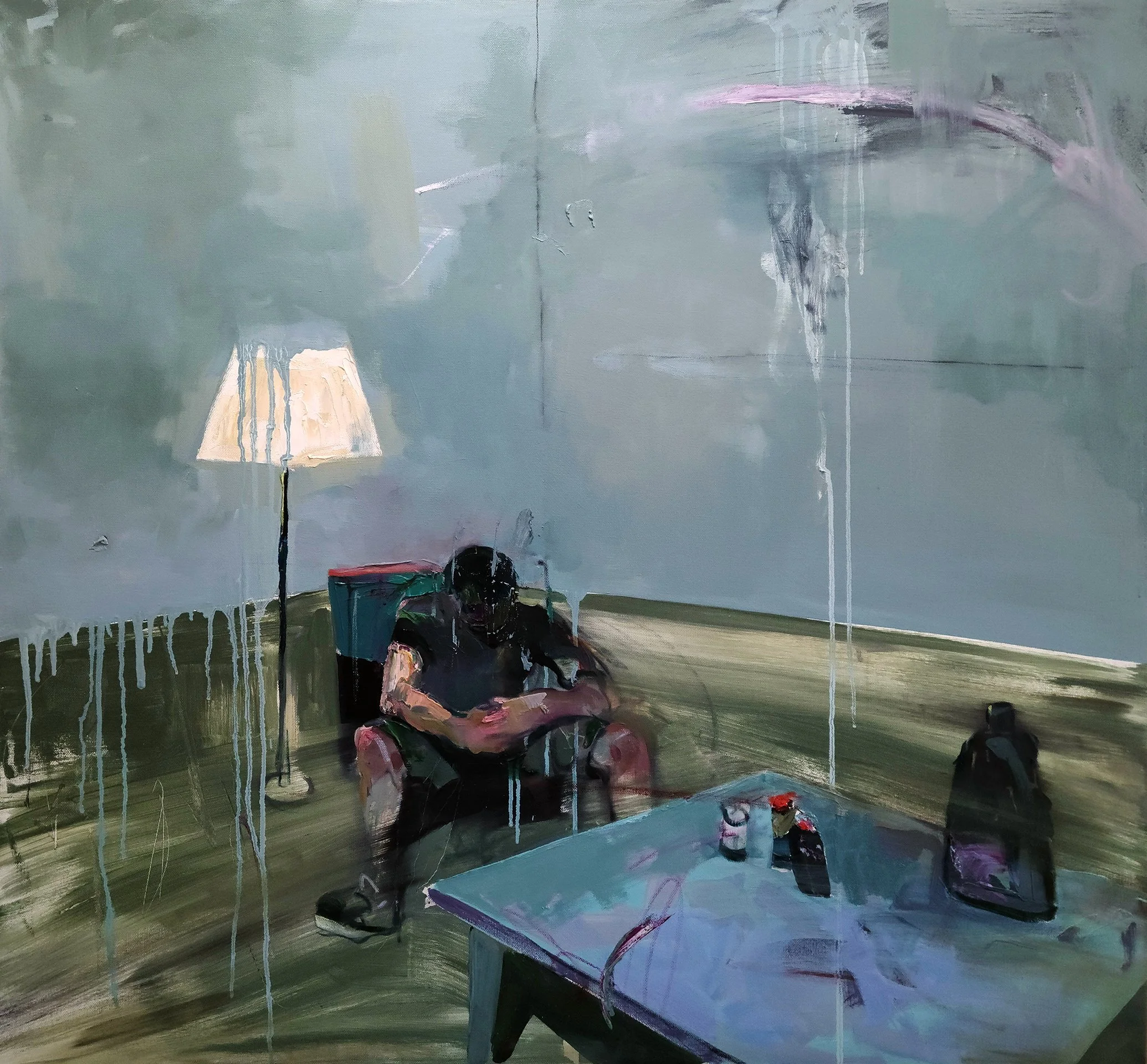 ILYA SHKIPIN  WAITING ROOM  Oil on canvas 36 x 36 inches 91.4 × 91.4 centimeters  $2450   INQUIRE →  