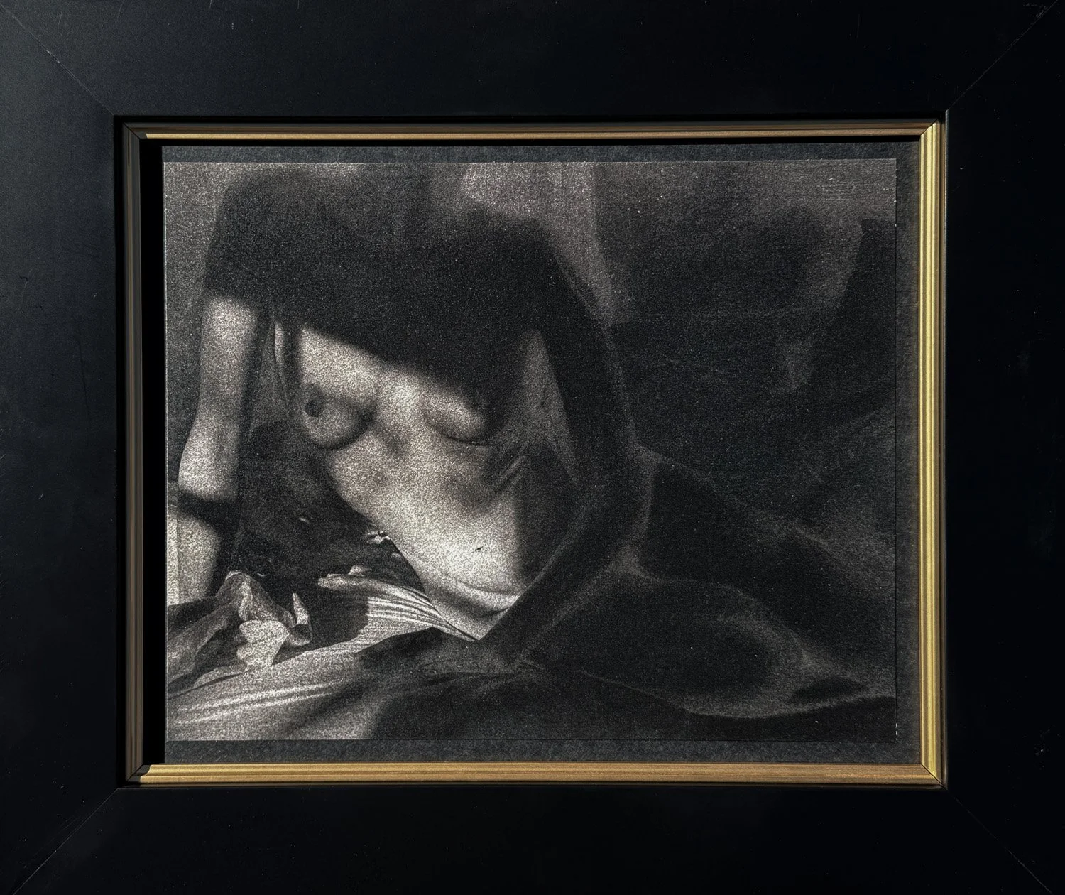 MICHAEL ASH SMITH  THE SADNESS OF LONGING - FIVE  Ink transfer, oil, and barite on 300 GSM Arches paper 8 x 1O inches 25.4 × 2O.3 centimeters   SOLD   