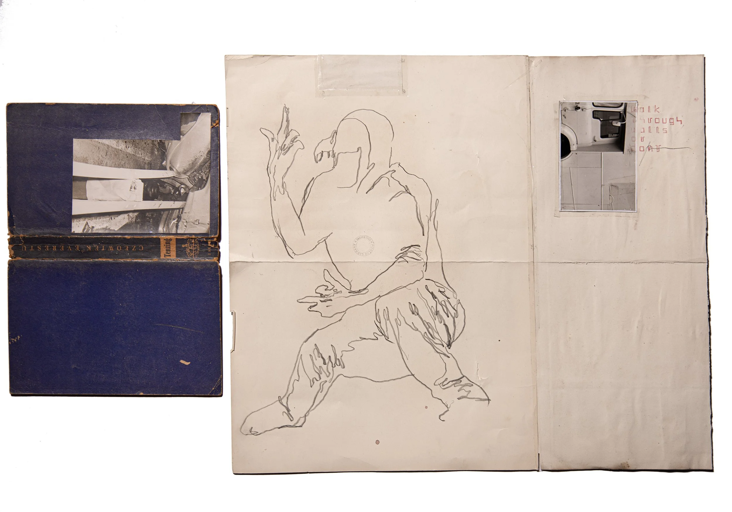PHIL HALE  WALK THROUGH WALLS OR DON'T (06)  Graphite on antique paper, photograph, book cover 32 x 23 inches 81.3 x 81.3 centimeters  $4000   INQUIRE →  