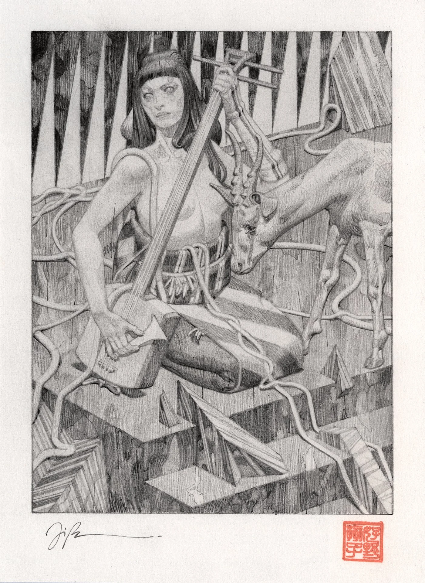 JOÃO RUAS  SHAMISEN VII  Graphite on paper 9.7 x 7.1 inches 24.5 x 18 centimeters  $1800   BUY→  