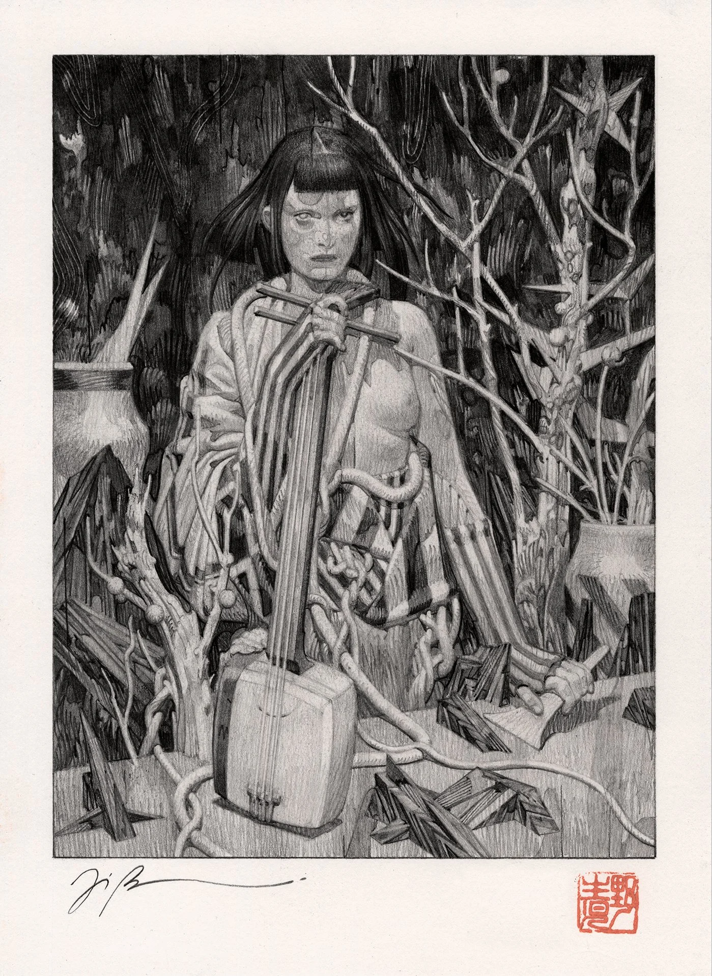 JOÃO RUAS  SHAMISEN VIII  Graphite on paper 9.7 x 7.1 inches 24.5 x 18 centimeters   SOLD  