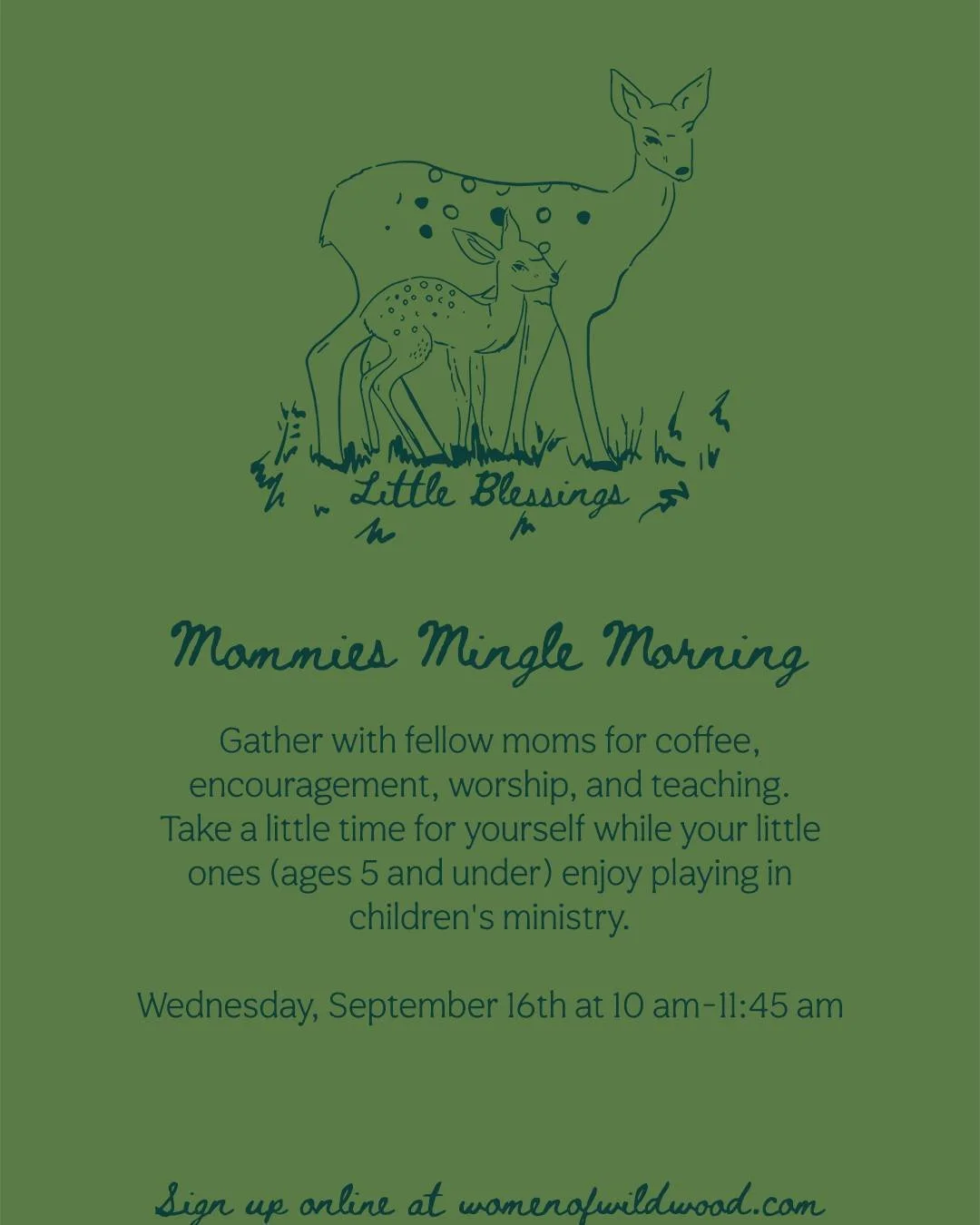Little Blessings Mommies Mingle is back!

Join us September 16th at 10:00 AM for a sweet morning of encouragement, worship, prayer, and a continental breakfast.

Come as you are and enjoy some time with other moms! We would love to see you there!