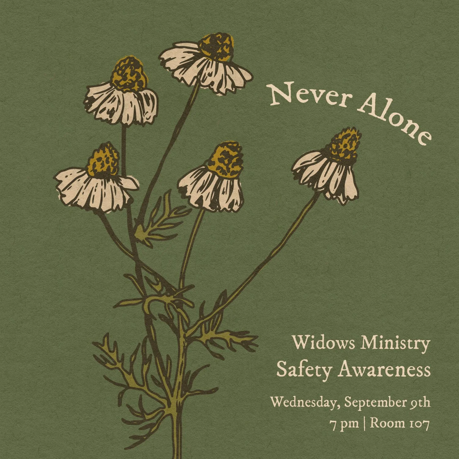 Our Never Alone widows are invited to join us September 9 for a special Safety Awareness Class led by Detective Evans. This will be a practical and encouraging time to learn helpful safety tips, gain confidence, and feel better prepared for everyday 