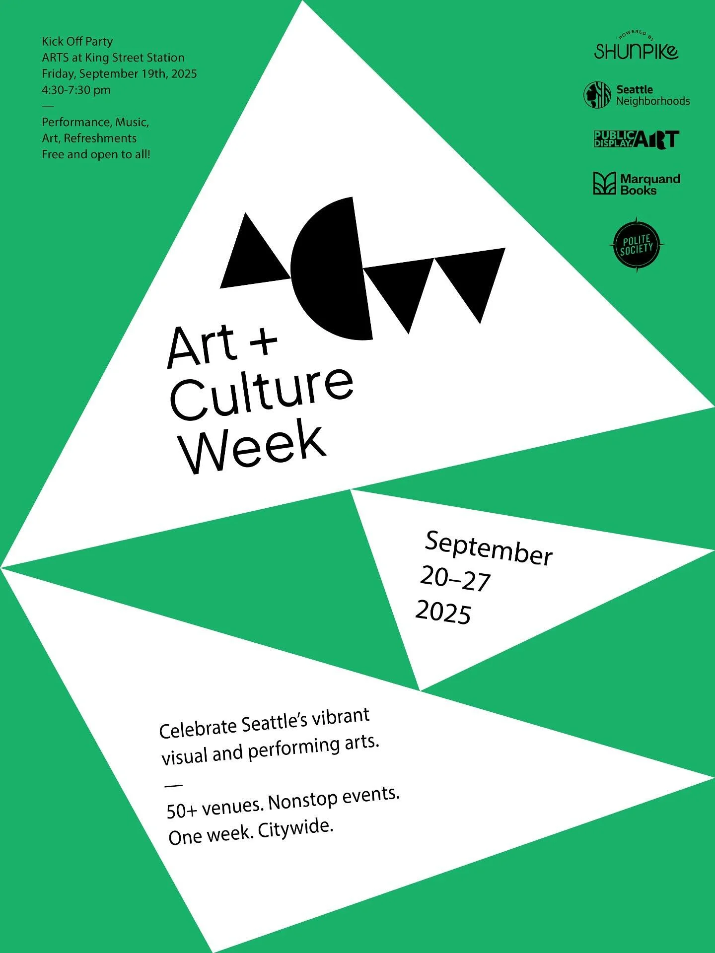 ๐ชฉ๐ We’re Kicking Off the Party
Friday, September 19th, 4:30-7:30pm with a celebration to ring in an amazing WEEK of Art + Culture festivities ๐
๐ ARTS at King Street Station is partnering to host music, performances, visual art, food and b