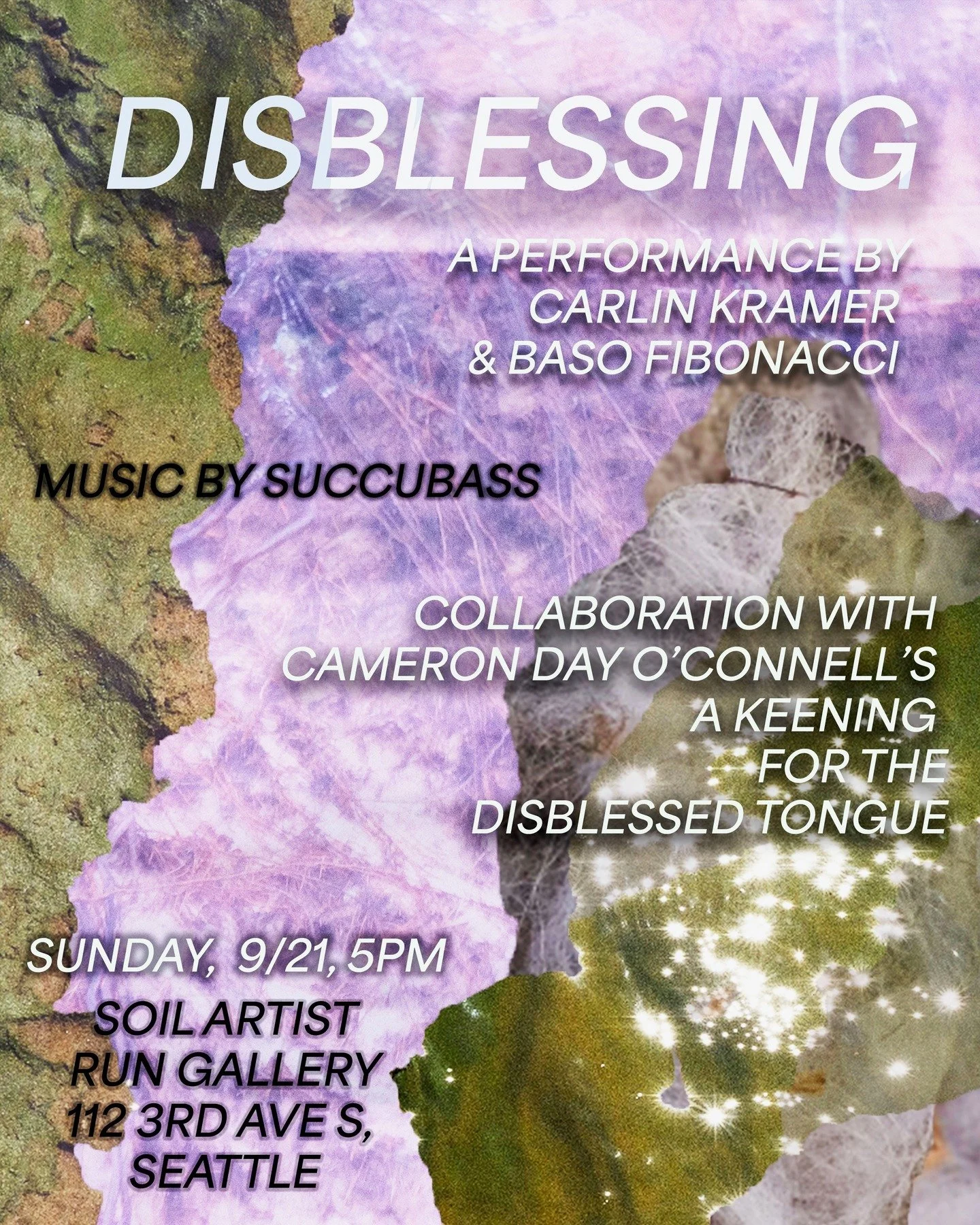 SOIL Gallery x Art + Culture Week
A Keening for the Disblessed Tongue
Sunday, September 21 ⋅ 5:00–7:00pm
SOIL Artist Run Gallery, Pioneer Square
Join Carlin Kramer and fellow performance artists in a collaborative response to Cameron Day