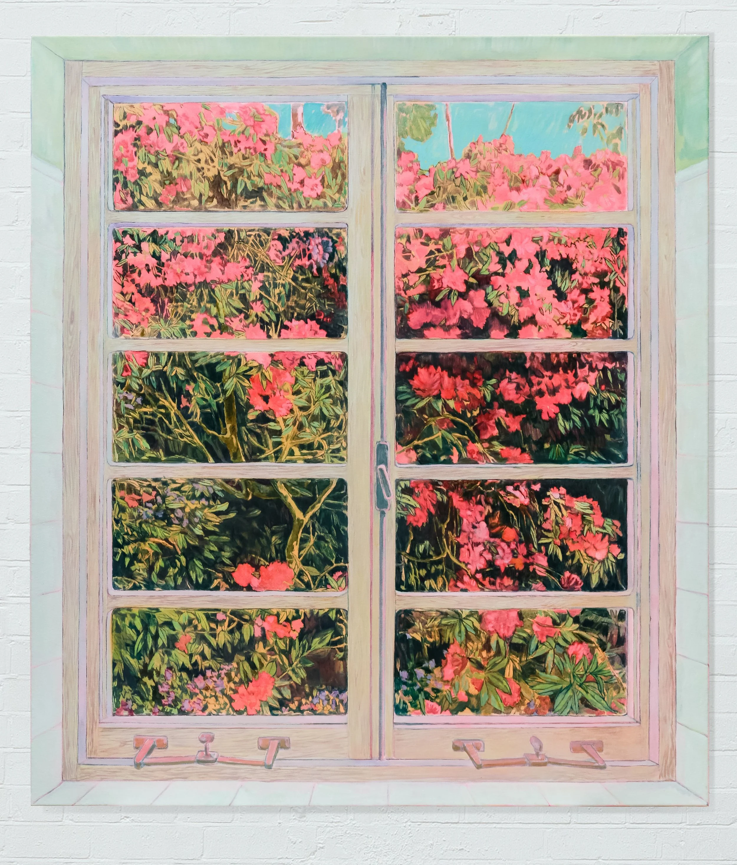Sophie Baker, 'Window (Just Us and the Rhododendrons)', 2026, óleo sobre lienzo, 125 x 110 cm