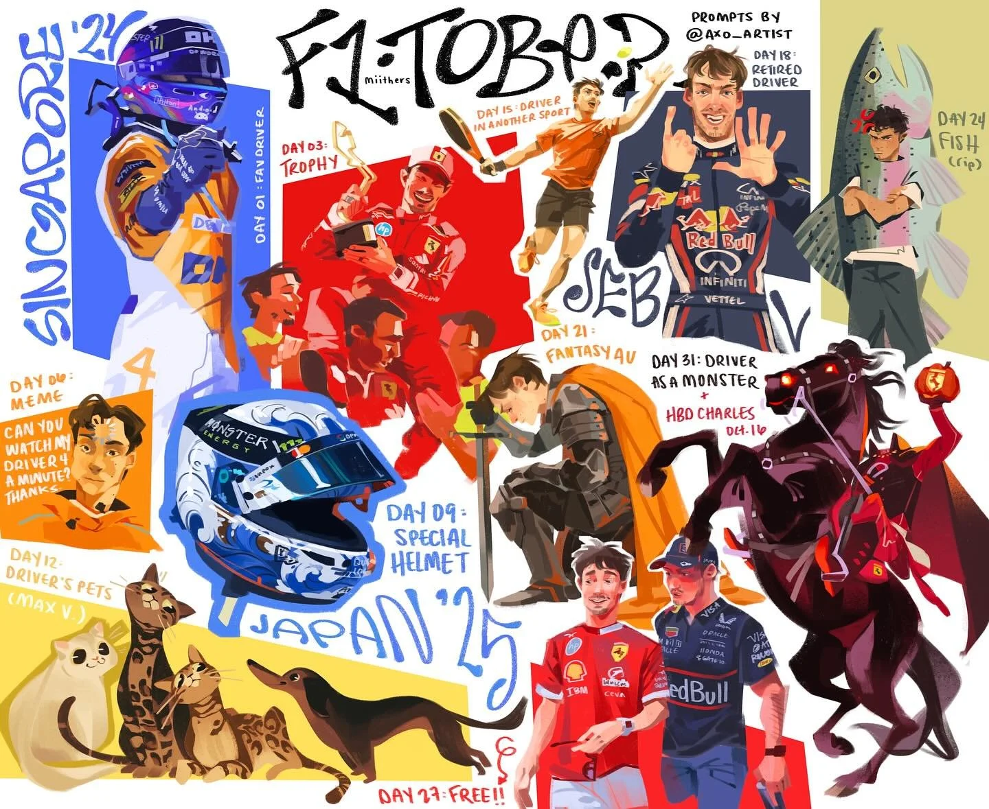 #inktober, but make it formula 1 👹
i love month-long challenges because they become a warm up for me. i usually heavypaint them too, with like…maybe two different brushes, just to make sure i don’t waste a lot of time on them. formula