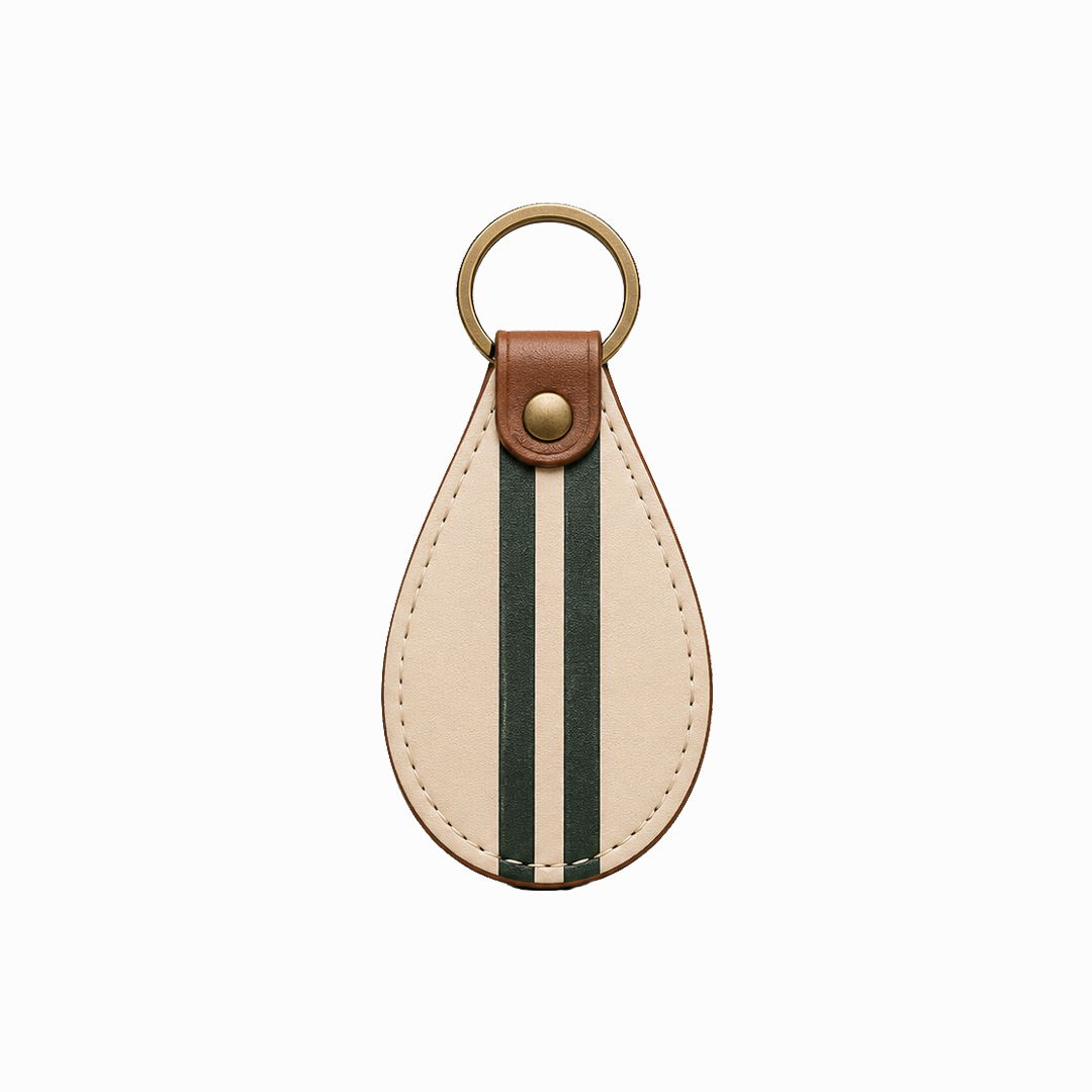 Leather Keyring in Cream with British Racing Green Stripes