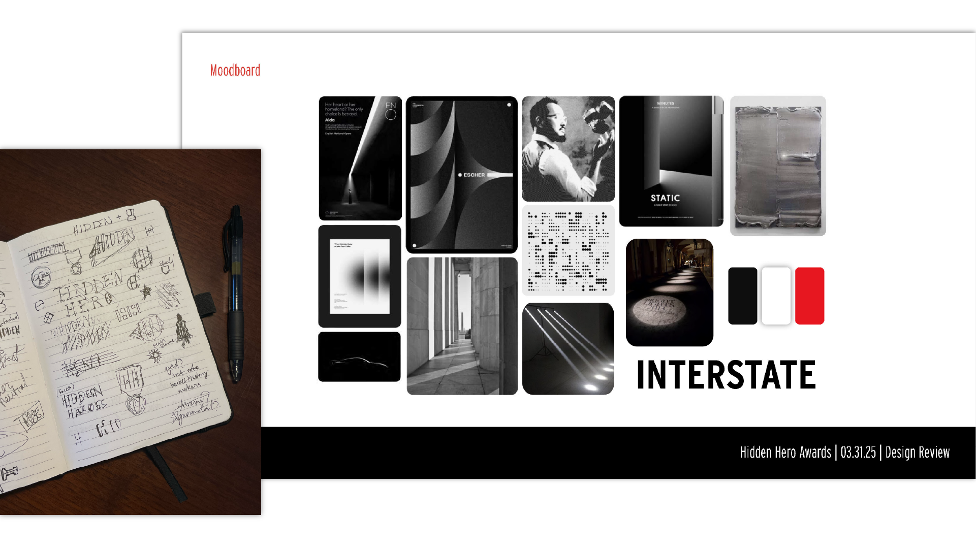 Logo sketches and mood board ideating on the branding for the Hidden Hero Awards.