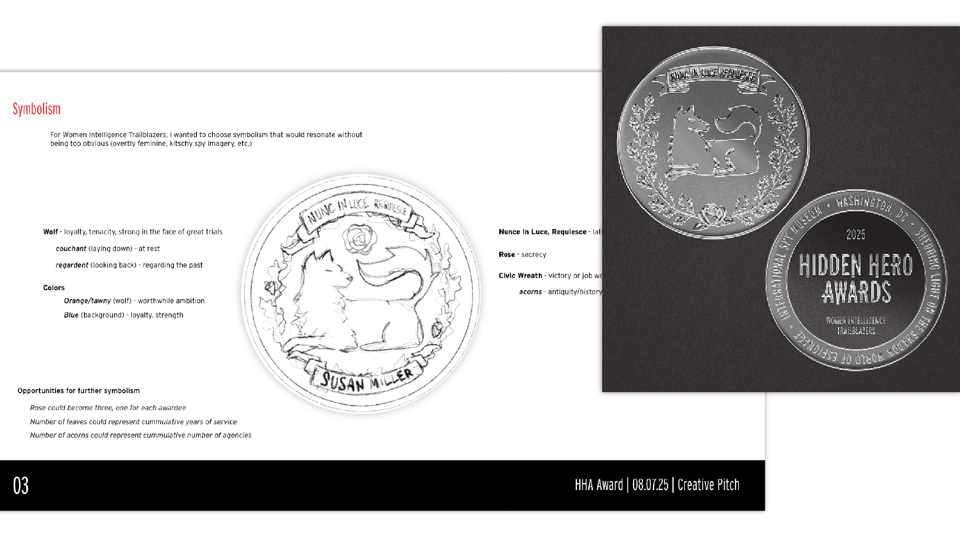 A sketched draft of a decorative coin with descriptions of the symbolism.