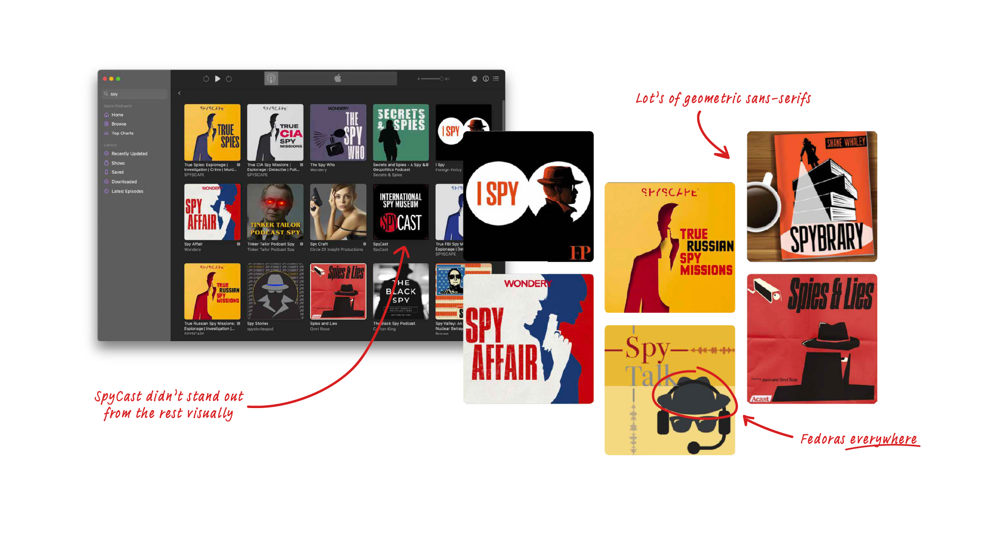 Screenshots of various history/espionage podcasts in comparison to the SpyCast cover art.