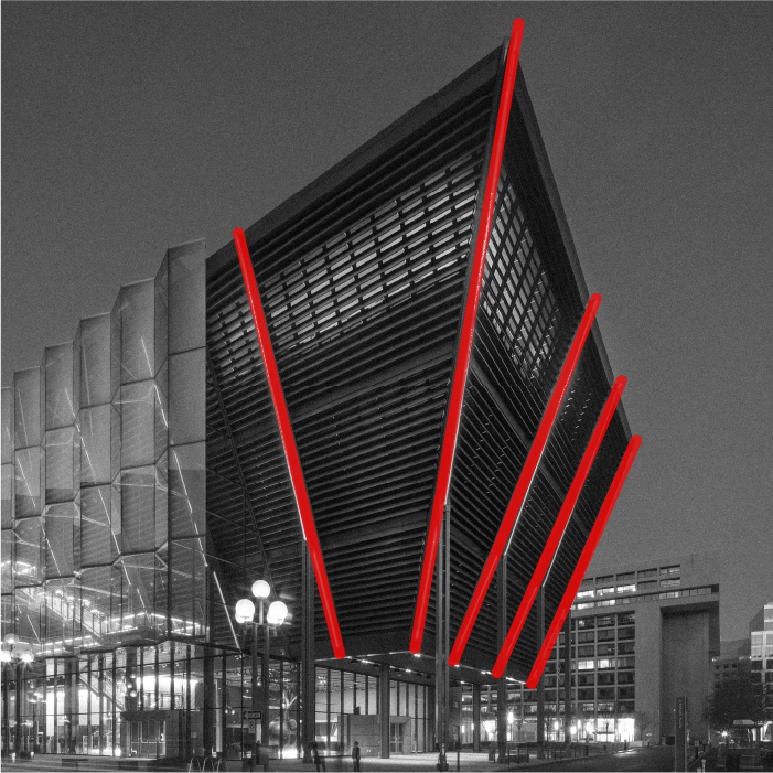 A black and white photo of the International Spy Museum building where the architectural beams are highlighted in red.