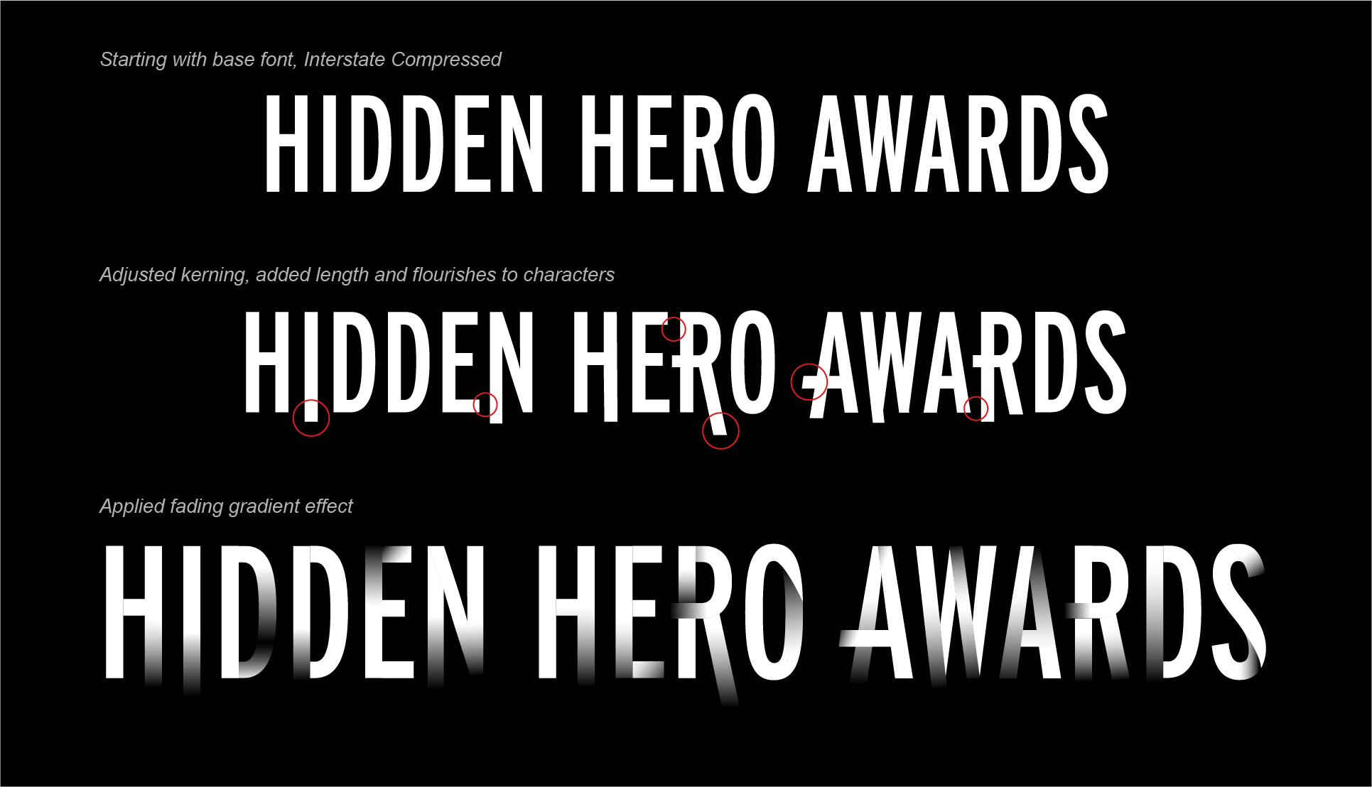 An image showing three stages of the HHA logo development, starting with Interstate Compressed and then making meticulous adjustments to the characters and applying a gradient effect to create a custom look.