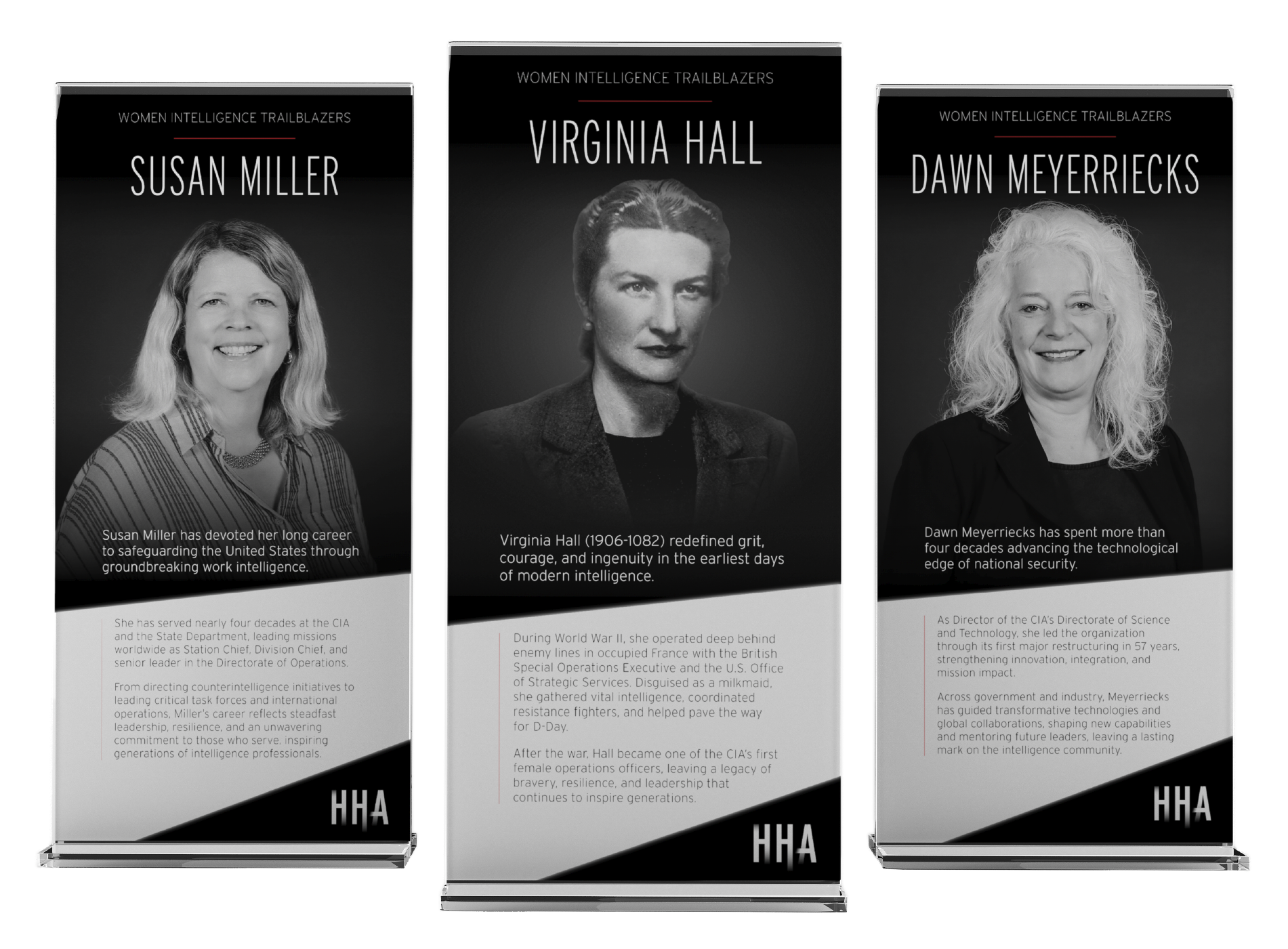 Three pop-up banners featuring the 2025 Hidden Hero Awards recipients: Susan Miller, Virginia Hall, and Dawn Meyerriecks.