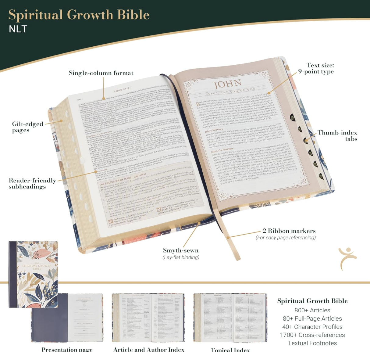 The Spiritual Growth Bible, Study Bible, NLT - New Living Translation Holy Bible, Faux Leather, Navy/Leaf Design