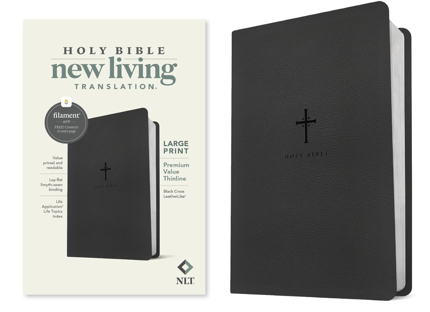 NLT Large Print Premium Value Thinline Bible, Filament Enabled (LeatherLike, Black Cross)