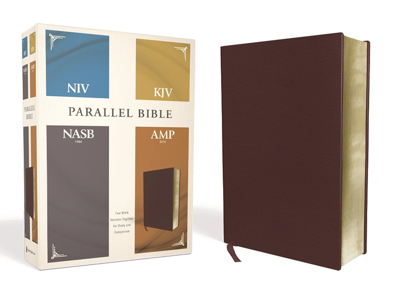 NIV, KJV, NASB, Amplified, Parallel Bible, Bonded Leather, Burgundy: Four Bible Versions Together for Study and Comparison