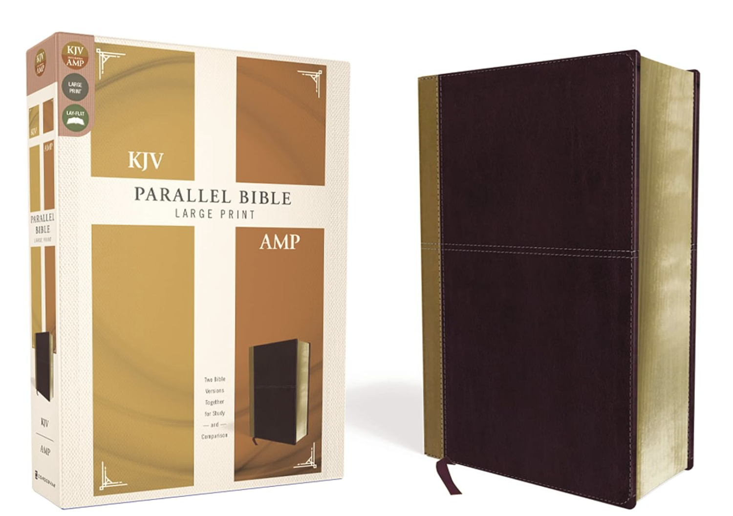 KJV, Amplified, Parallel Bible, Large Print, Leathersoft, Tan/Burgundy, Red Letter: Two Bible Versions Together for Study and Comparison
