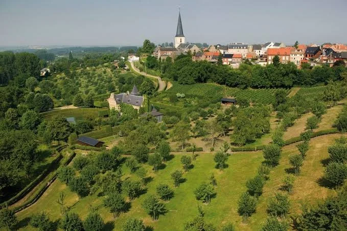 Borgloon omgeven door boomgaarden, kleine huisjes, een kerktoren op de achtergrond en een weg die door het landschap loopt.