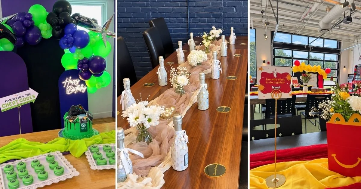 collage of three popular restaurant party rooms in Rochester, NY artfully decorated by Homemade Events