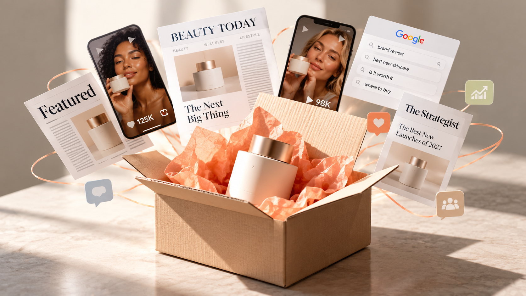An open product launch box surrounded by influencer videos, media coverage, online search results and social engagement icons, illustrating how an integrated marketing strategy builds product awareness, credibility and consumer demand.
