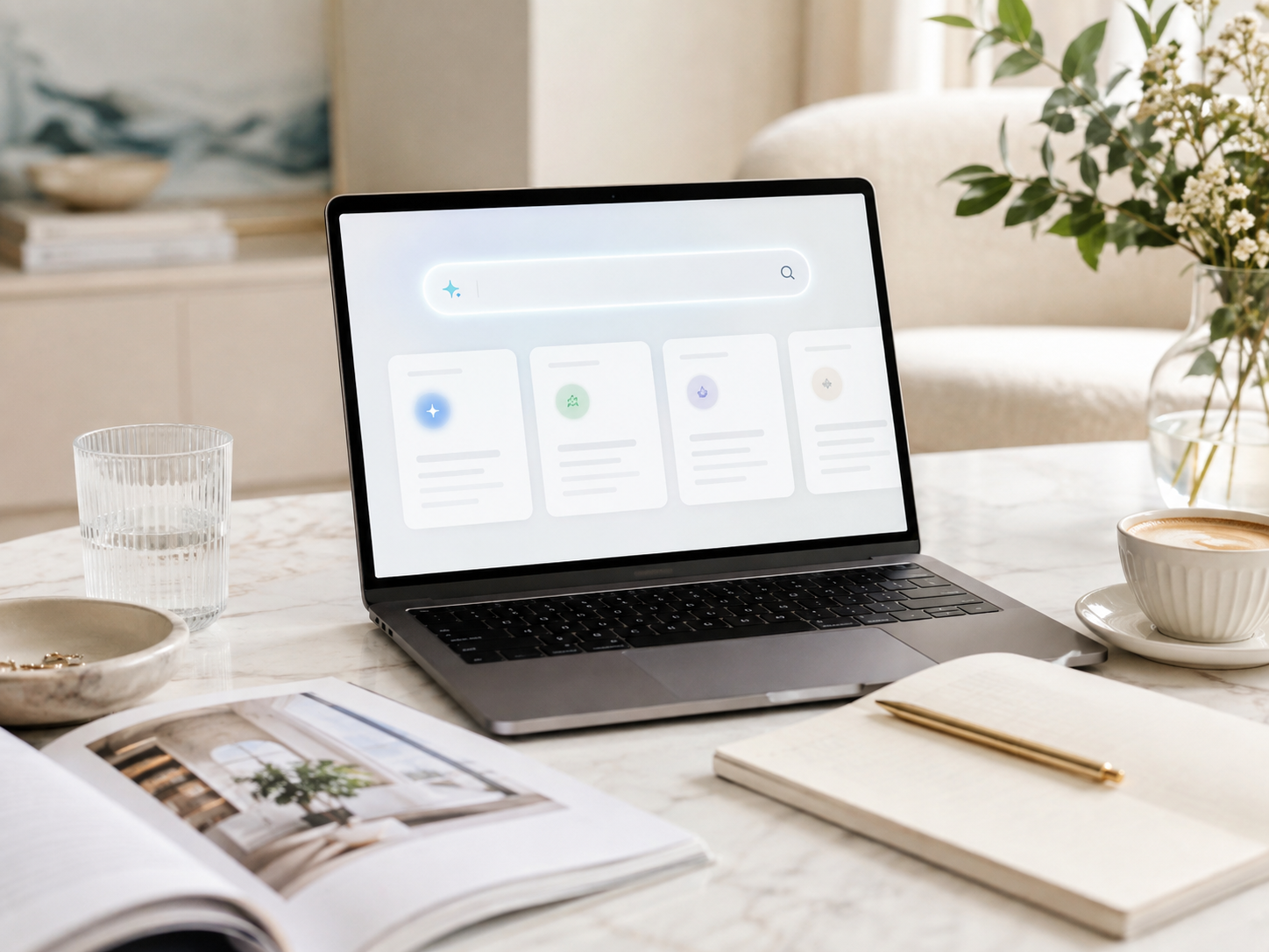 Bright lifestyle workspace with laptop, coffee and notebook, illustrating AI search and digital brand visibility.